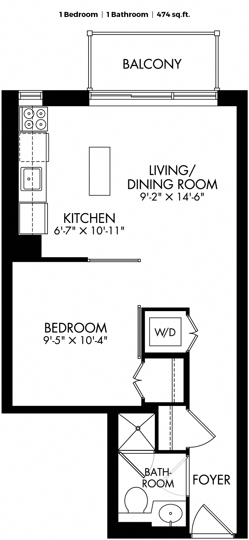 Floor plan for 1 bed, 1 bath, 528 sqft